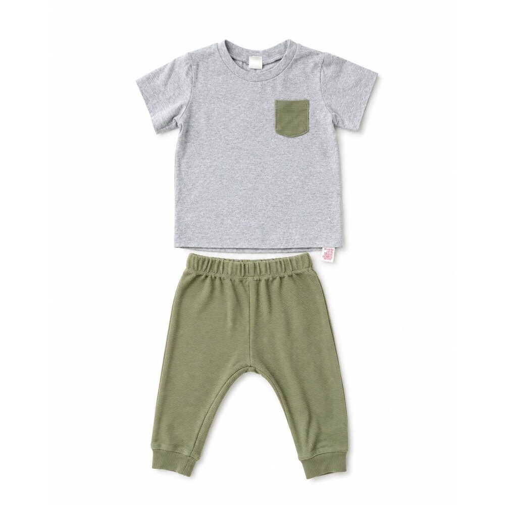 Petit Lem PL Baby 12M Two-Piece Outfit Set – Gray & Sage Green